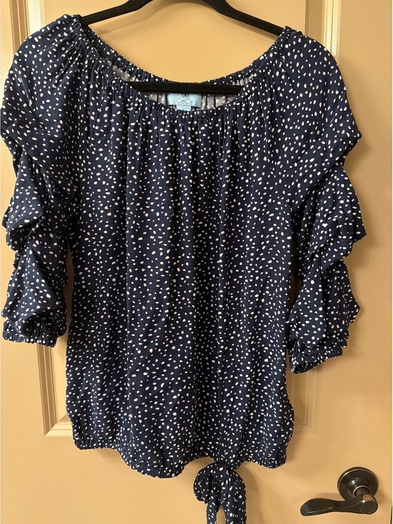 Cece Tops - CeCe Women's Navy Blue White Polka Dot Ruffle Sleeve Blouse Size Large